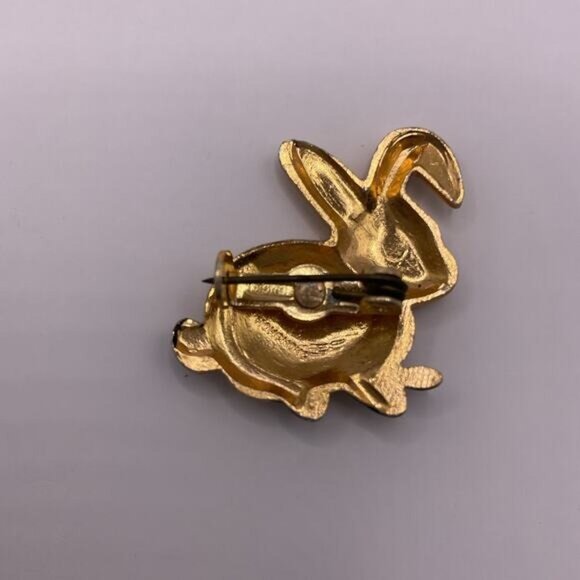 Vintage Gold Tone Rabbit Pin Brooch With Red & White Accents - Picture 3 of 5